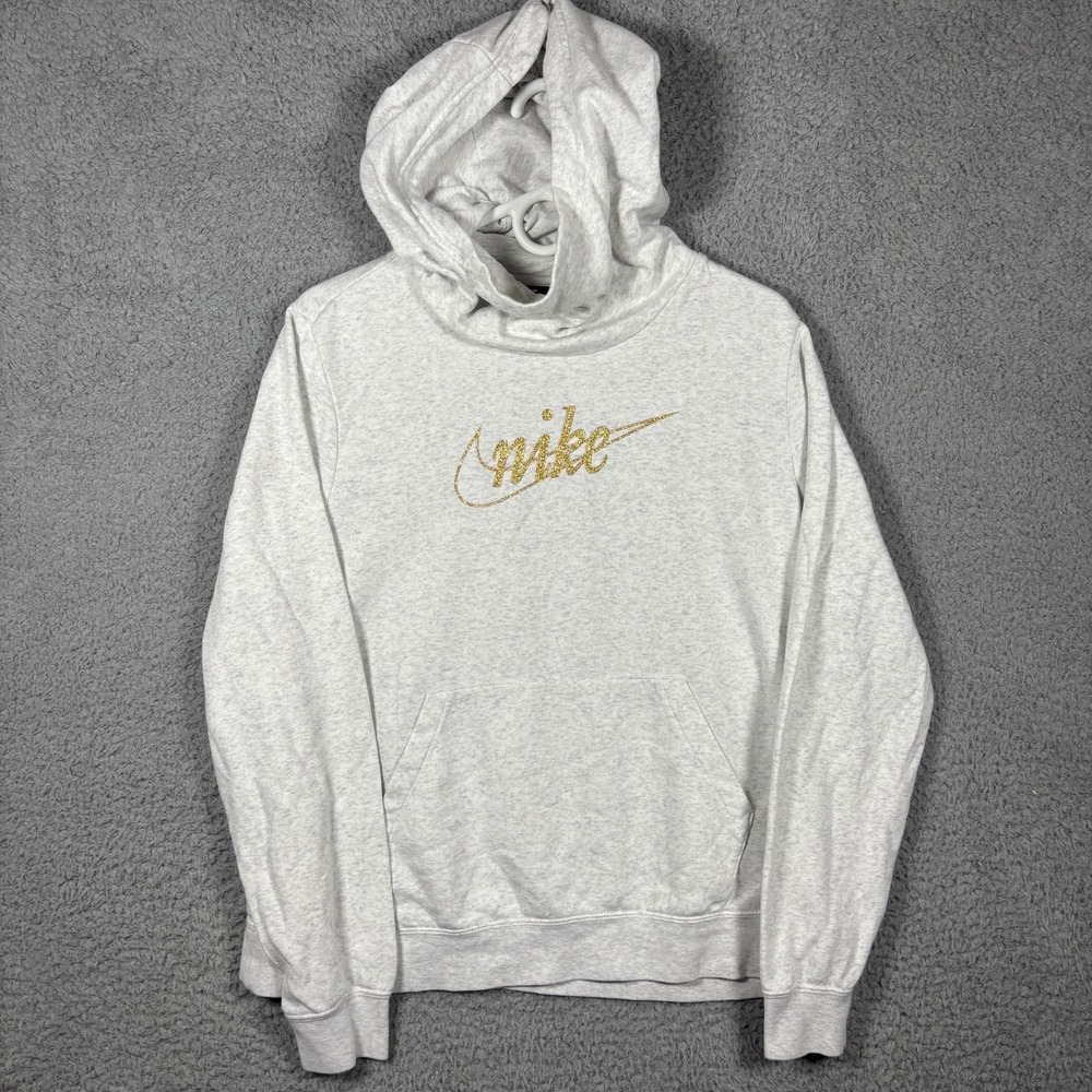 Nike Hoodie Women Large Grey Gold Glitter Logo Pullover Sportswear Fleece Pocket
